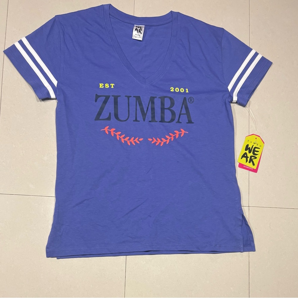 Zumba Fitness Purple V-Neck Tee with White Stripes